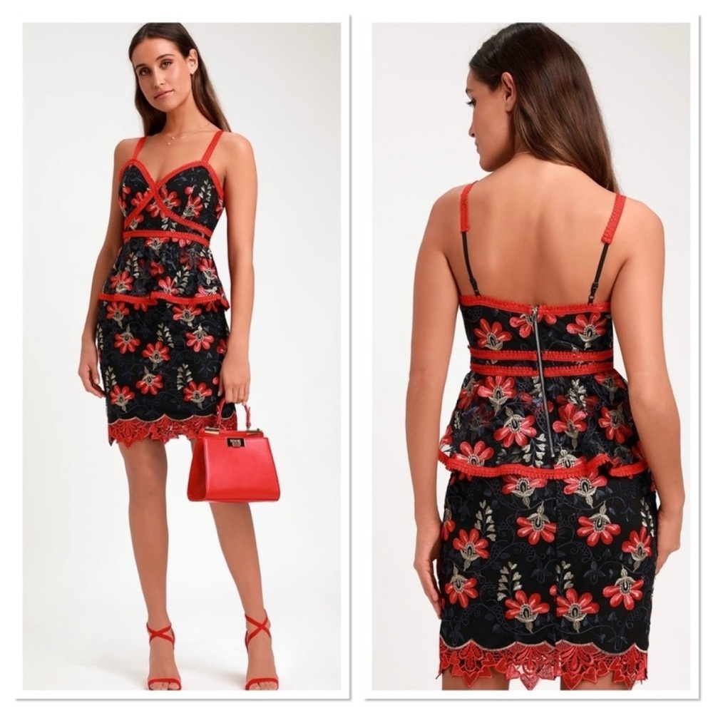 LULU’S Flirty Karina Floral Embroidered Mesh Peplum Dress—SZ. Small